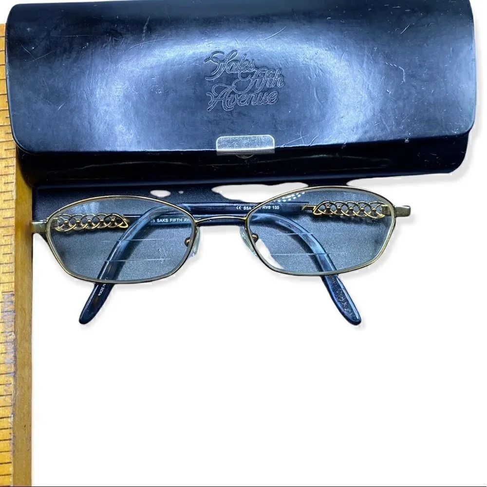 Saks Fifth Avenue 135 RV9 gold tone glasses side detail rhinestones & case